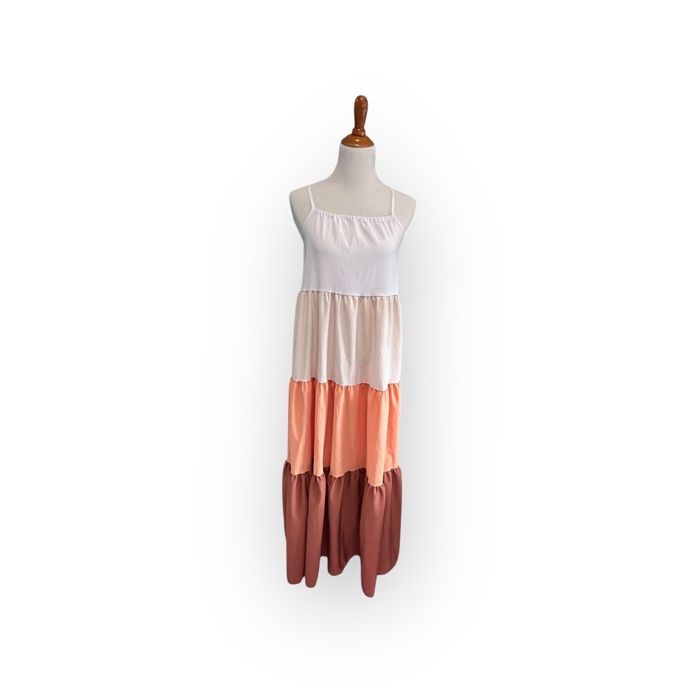 Womens Small Tiered Colorblock Maxi Dress‎ Sleeveless Tie Back Boho Summer